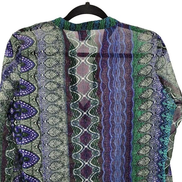 KAS Designs Sheer Long Blouse L Blue Green Medallion Leaf Print Boho Peasant - Picture 11 of 11